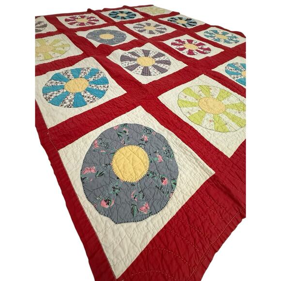 Antique Vintage Dresden Plate Quilt Red Sashing Hand Stitched 66x74” Patchwork - Picture 8 of 14